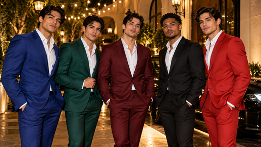 Young men in bold-color prom suits