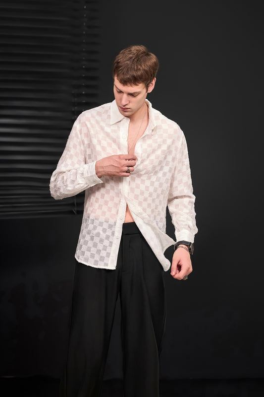 Conjunto de camisa de manga larga con textura Haven y pantalón con trabillas laterales Kingsley - Blanco/Negro