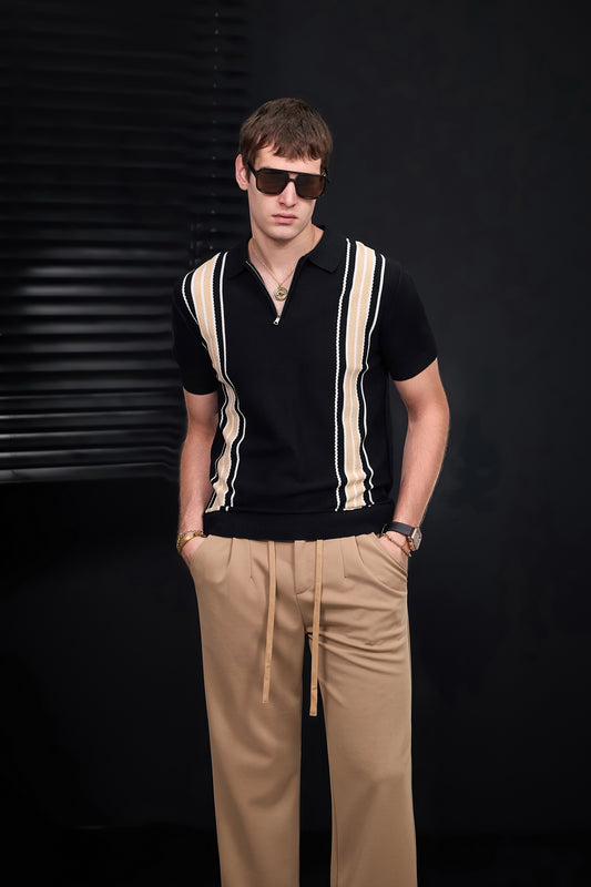 Retro Stripe Zip Polo + Solace Pleated Trousers SET - BROWN/BLACK/KHAKI
