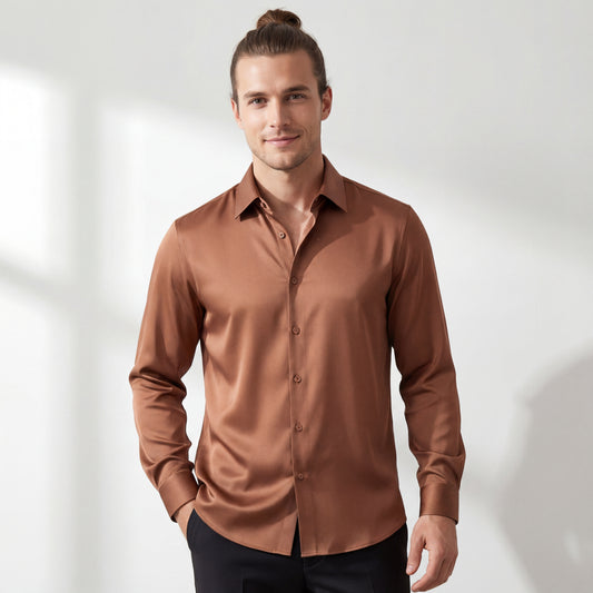 SIGNITURE SATIN STITCHLESS LS Shirt-COFFEE