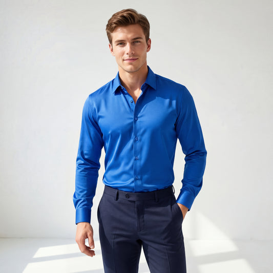 SIGNITURE SATIN STITCHLESS LS Shirt-FRENCH BLUE