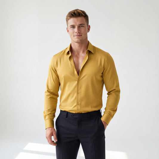 Camisa de manga larga sin costuras de satén SIGNITURE - AMARILLA