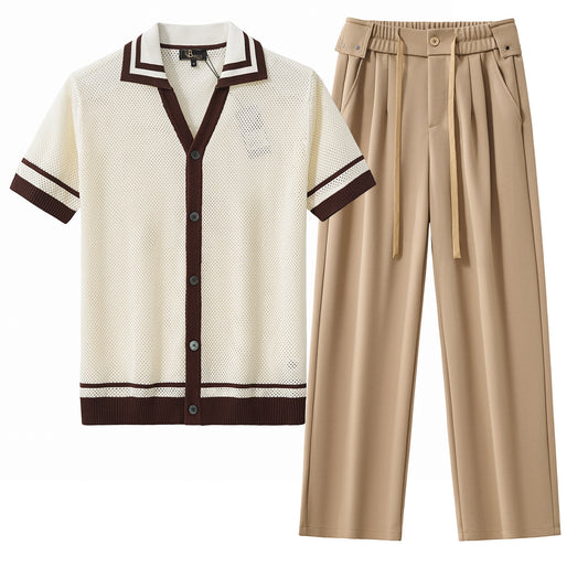 Contrast Trim Mesh Button-Up + Solace Pleated Trousers SET - IVORY/BROWN