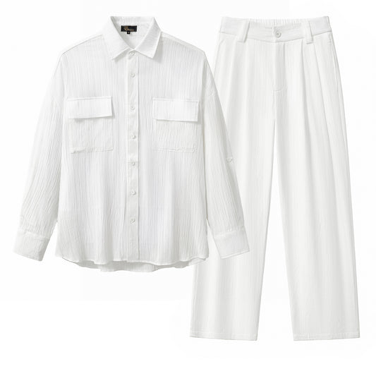 Crinkle Texture Shirt & Pant Set-WHITE