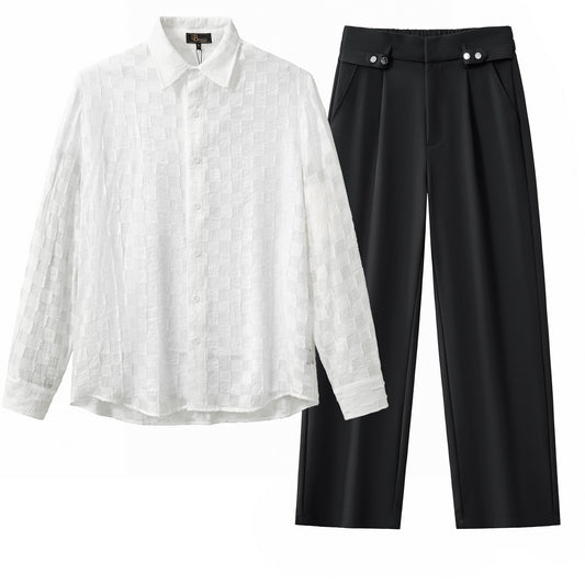 Conjunto de camisa de manga larga con textura Haven y pantalón con trabillas laterales Kingsley - Blanco/Negro