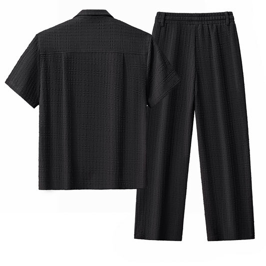 Loft Set – Textured Short Sleeve Shirt & Pant-BLACK