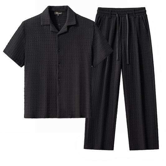 Loft Set – Textured Short Sleeve Shirt & Pant-BLACK