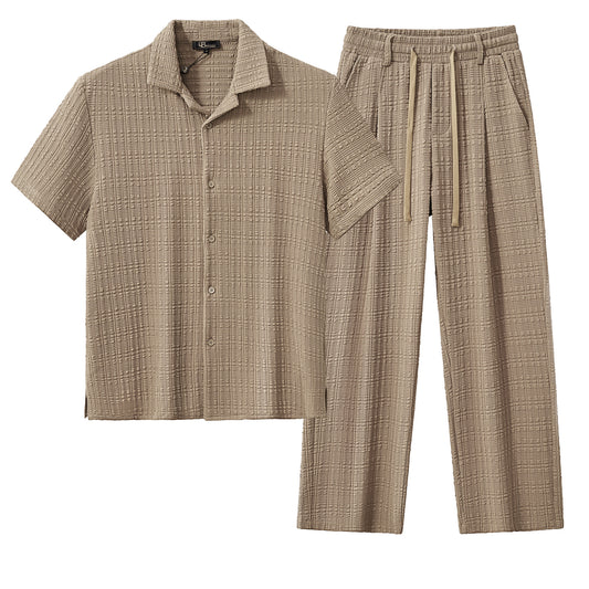 Loft Set – Textured Short Sleeve Shirt & Pant-BROWN