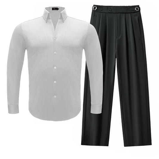Conjunto de camisa de manga larga Noir Essence + pantalón Wellington con trabillas laterales - Blanco/Negro