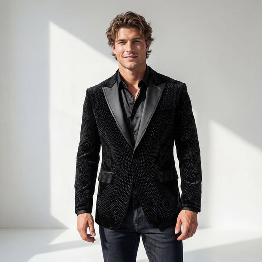 Regal Cascades Embellished Velvet Blazer-BLACK/BLACK