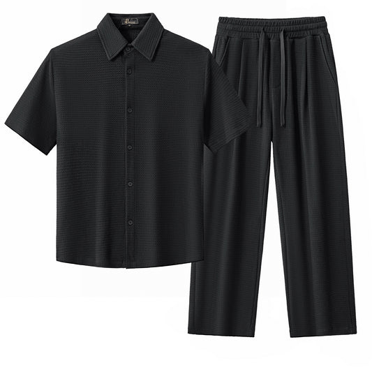 Vista Set – Waffle Textured Shirt & Pant-BLACK