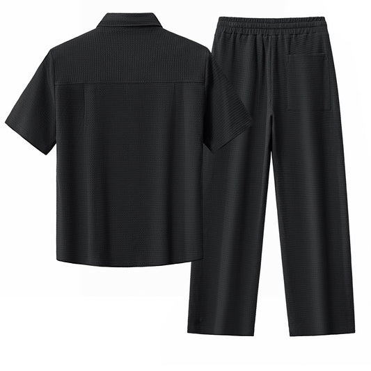 Vista Set – Waffle Textured Shirt & Pant-BLACK