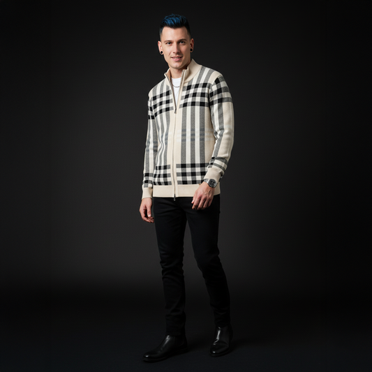 Paramount Plaid Knit Zip LS-IVORY