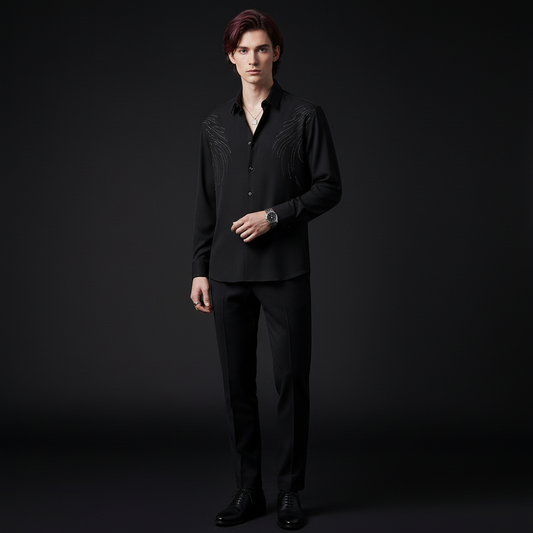 Midnight Wave Embellished LS Shirt-BLACK