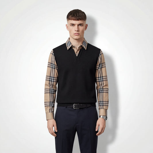 Heritage Plaid Hybrid LS Sweater Shirt-BLACK