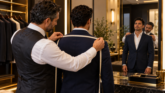 Tailor fitting a man's navy suit jacket