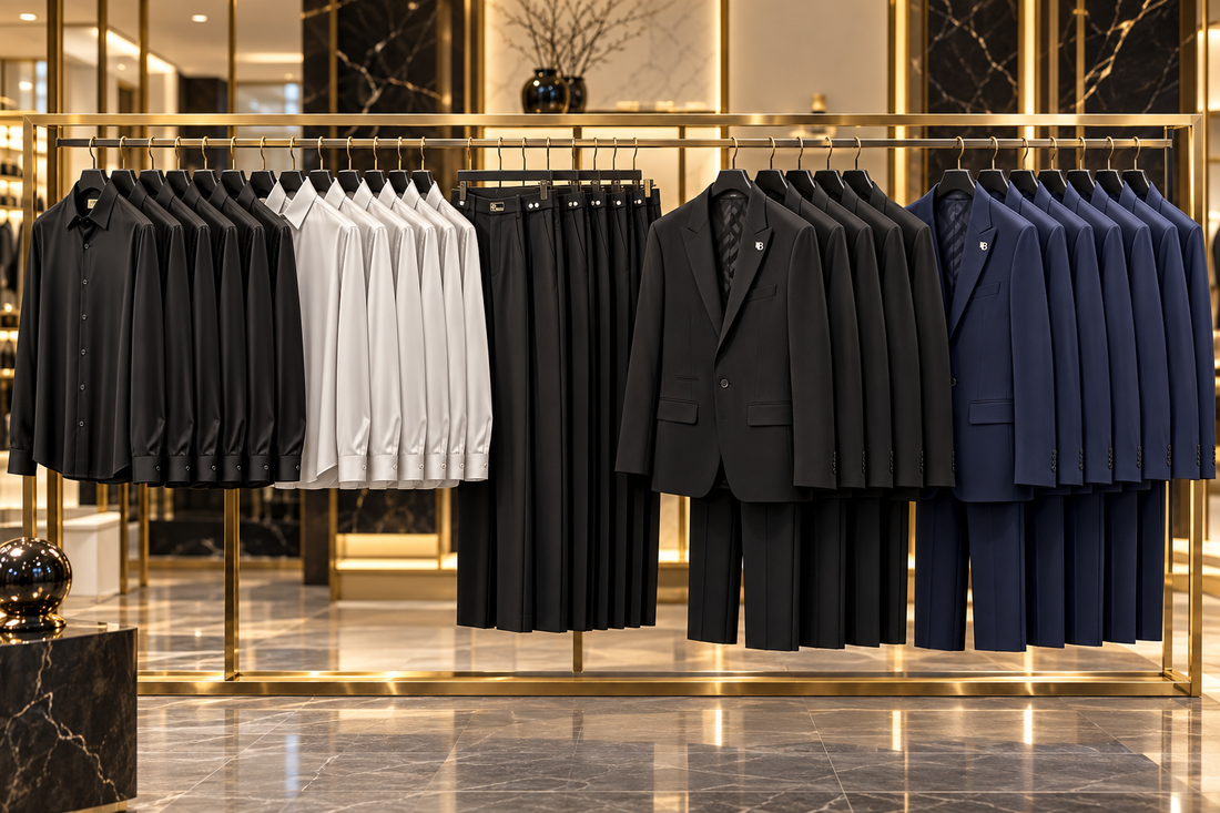 Boutique rack of essential men's dress shirts, dress pants and suits