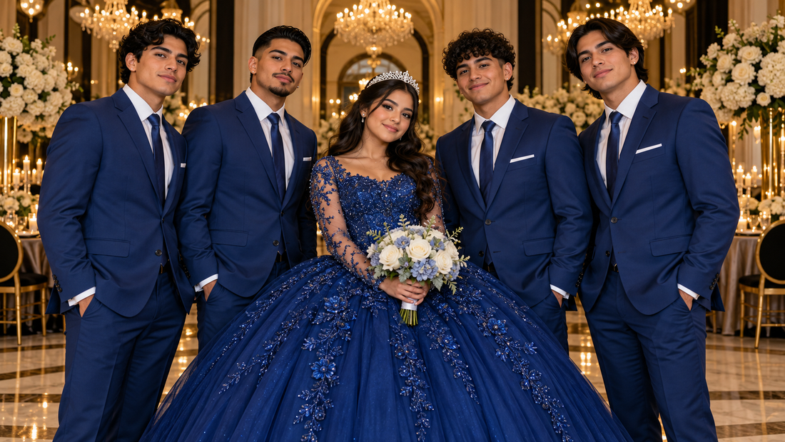 Chambelanes in matching royal blue suits with a quinceañera