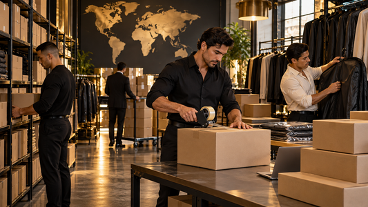 Wholesale menswear boxes and garment bags in a warehouse