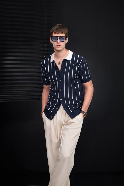 PSS615 - ModStripe Knit Shirt-NAVY/WHITE