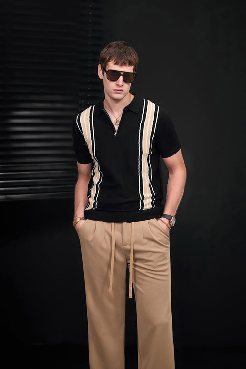 Polo retro de rayas con cremallera - NEGRO/CAQUI