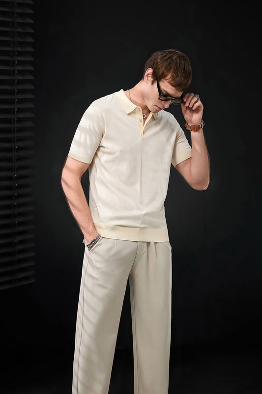 Everyday Luxe Polo + Kingsley Side-Tab Trousers SET - WHITE/TAUPE