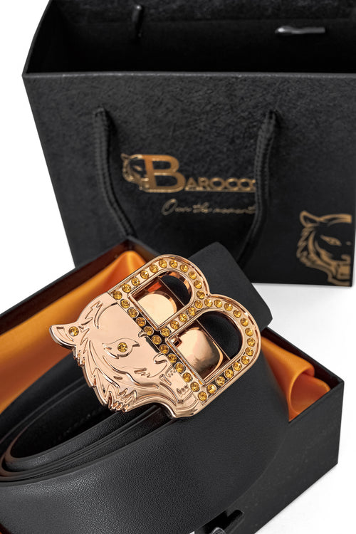 Cinturón de piel lisa con hebilla automática – Edición dorada – DORADO/NEGRO – view 1