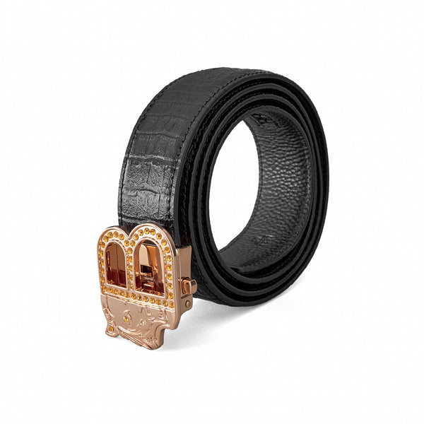 Cinturón Auto BKL de piel con efecto cocodrilo – Edición Dorada – DORADO/NEGRO
