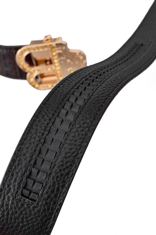 Cinturón Auto BKL de piel con efecto cocodrilo – Edición Dorada – ORO/CAFÉ – view 6
