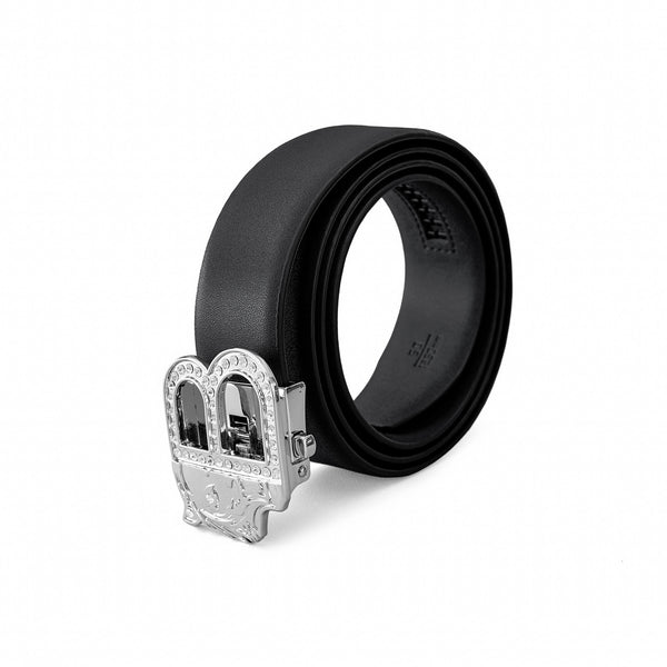 Cinturón de cuero plano para automóvil BKL – Edición plateada - PLATA/NEGRO