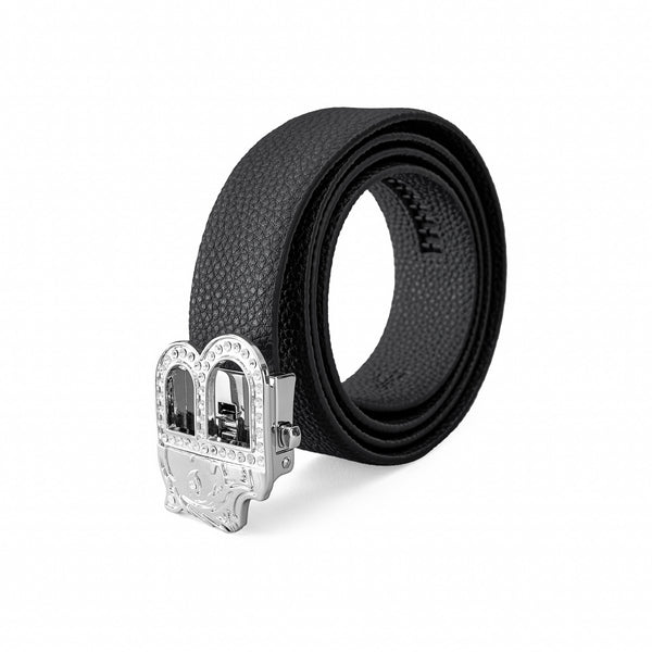 Cinturón Auto BKL de piel granulada – Edición plateada - PLATA/NEGRO