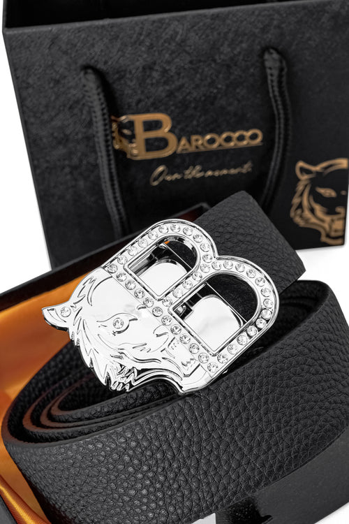 BLT026 - Pebbled Leather Auto BKL Belt – Silver Ed.-SILVER/BLACK – view 1