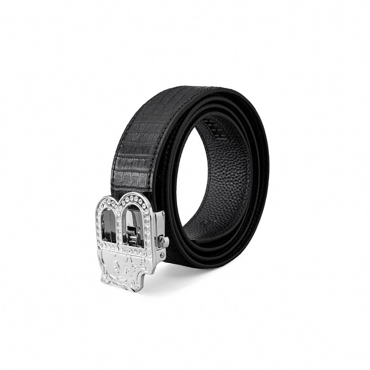 BLT027 - Croc-Embossed Leather Auto BKL Belt – Silver Ed.-SILVER/BLACK – BAROCCO wholesale belts