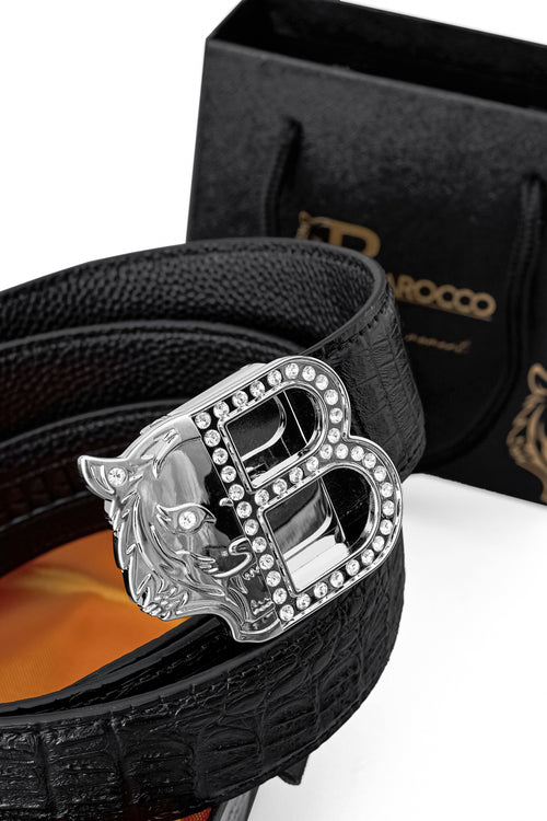 BLT027 - Croc-Embossed Leather Auto BKL Belt – Silver Ed.-SILVER/BLACK – view 1