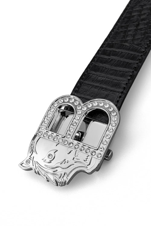 BLT027 - Croc-Embossed Leather Auto BKL Belt – Silver Ed.-SILVER/BLACK – view 2