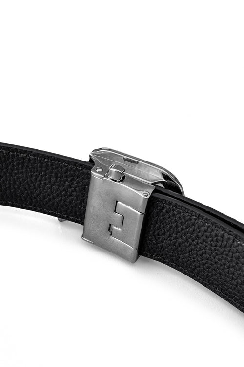BLT027 - Croc-Embossed Leather Auto BKL Belt – Silver Ed.-SILVER/BLACK – view 4