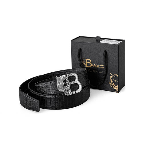 BLT027 - Croc-Embossed Leather Auto BKL Belt – Silver Ed.-SILVER/BLACK – view 5