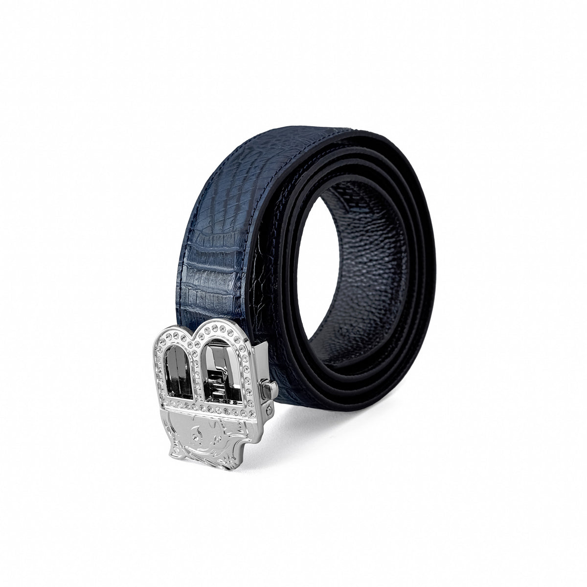 BLT028 - Croc-Embossed Leather Auto BKL Belt – Silver Ed.-SILVER/NAVY – BAROCCO wholesale belts