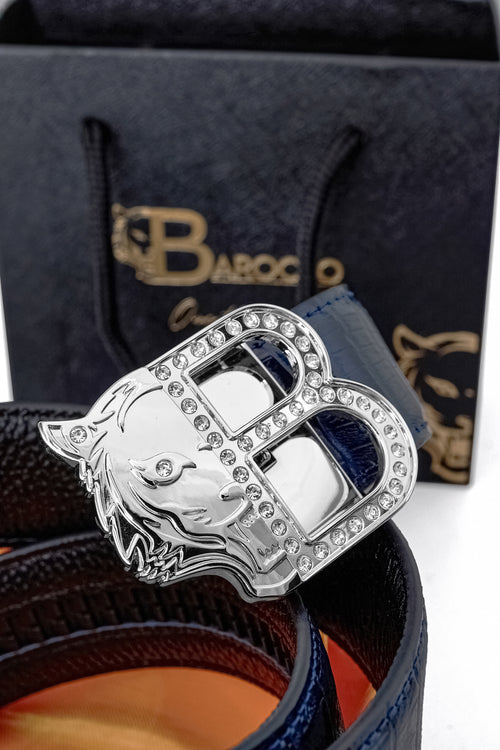 BLT028 - Croc-Embossed Leather Auto BKL Belt – Silver Ed.-SILVER/NAVY – view 1