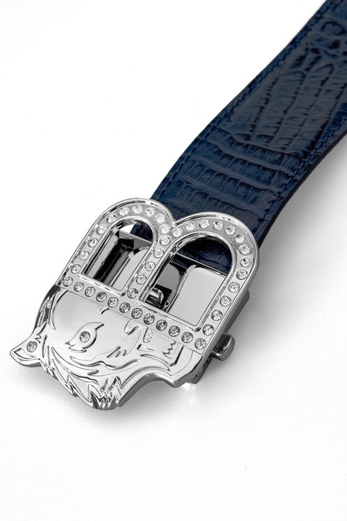 BLT028 - Croc-Embossed Leather Auto BKL Belt – Silver Ed.-SILVER/NAVY – view 2