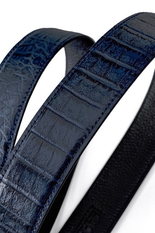 BLT028 - Croc-Embossed Leather Auto BKL Belt – Silver Ed.-SILVER/NAVY – view 3
