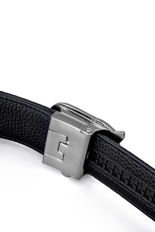 BLT028 - Croc-Embossed Leather Auto BKL Belt – Silver Ed.-SILVER/NAVY – view 4