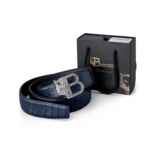 BLT028 - Croc-Embossed Leather Auto BKL Belt – Silver Ed.-SILVER/NAVY – view 5