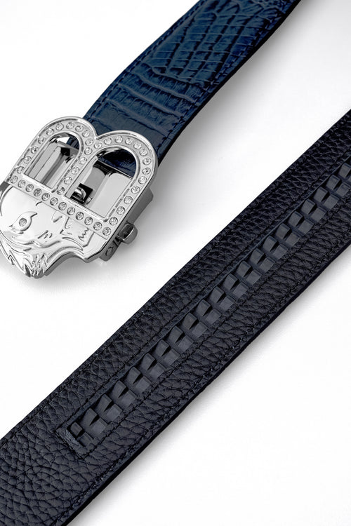 BLT028 - Croc-Embossed Leather Auto BKL Belt – Silver Ed.-SILVER/NAVY – view 6