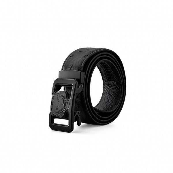 Cinturón BKL de piel de avestruz con diseño de león para automóvil – Negro/Negro