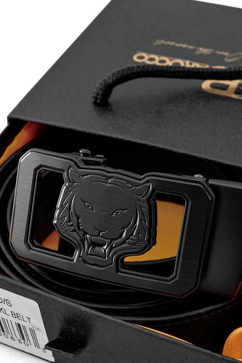 BLT035 - Ostrich-Emb. Leather Lion Auto BKL Belt – Blackout-BLACK/BLACK – view 5