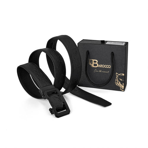 BLT035 - Ostrich-Emb. Leather Lion Auto BKL Belt – Blackout-BLACK/BLACK – view 6
