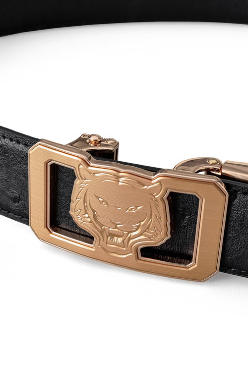BLT038 - Ostrich-Emb. Leather Lion Auto BKL Belt – Gold Ed.-GOLD/BLACK – view 1