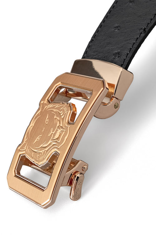 BLT038 - Ostrich-Emb. Leather Lion Auto BKL Belt – Gold Ed.-GOLD/BLACK – view 2
