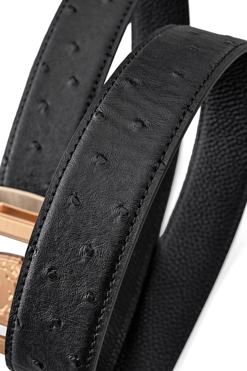 BLT038 - Ostrich-Emb. Leather Lion Auto BKL Belt – Gold Ed.-GOLD/BLACK – view 3
